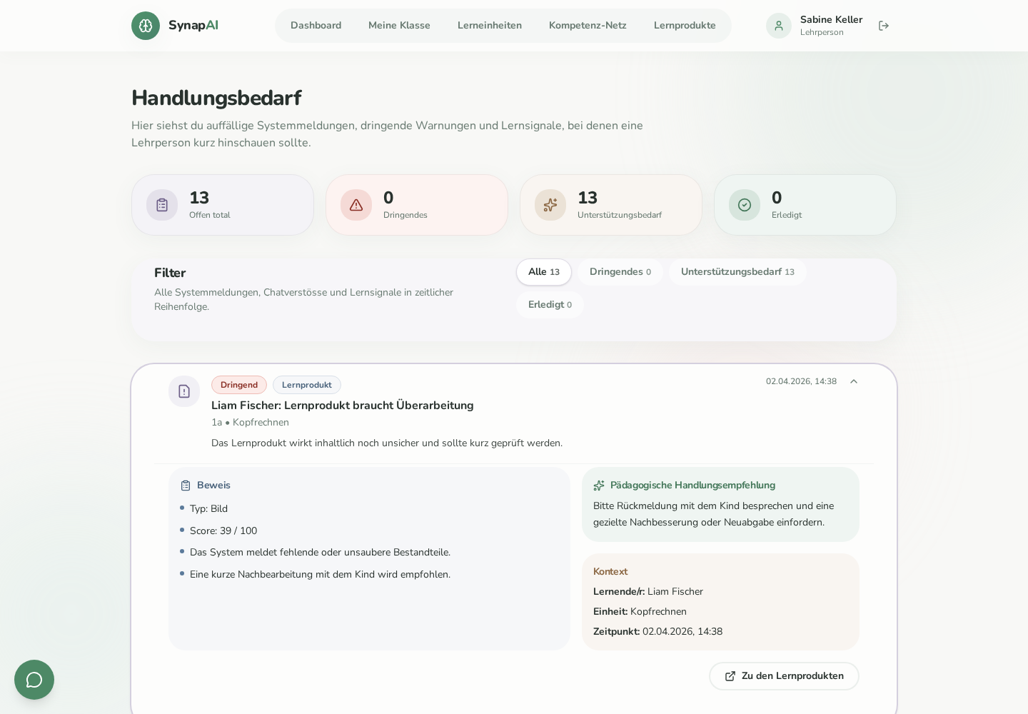 SynapAI Handlungsbedarf mit geöffnetem Beispiel, Beweis, Handlungsempfehlung und Kontext