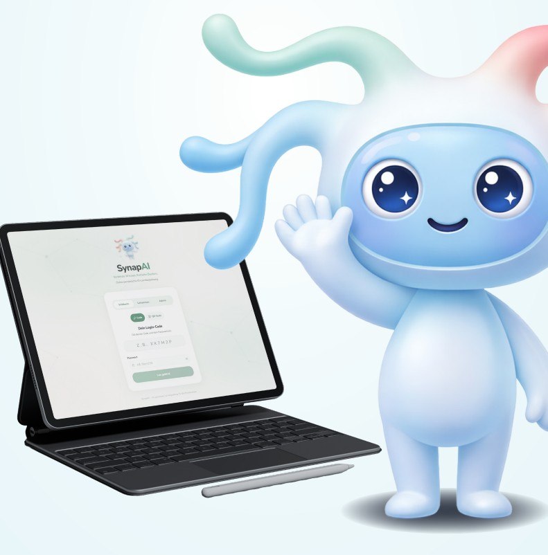 Synu neben einem Laptop mit der aktuellen SynapAI Login-Seite