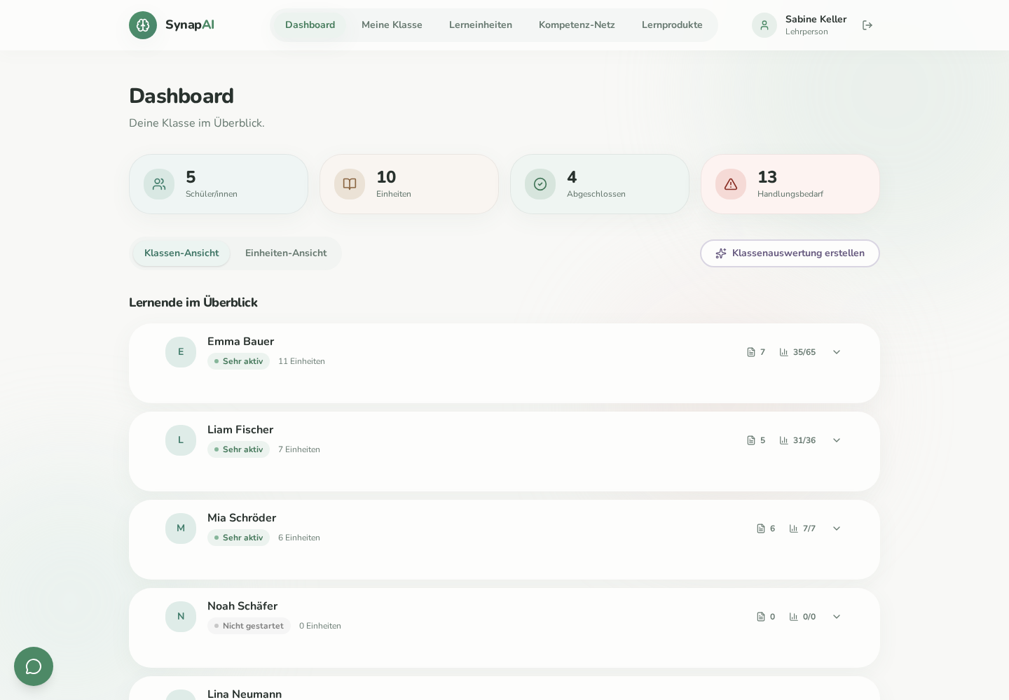 SynapAI Dashboard mit Lernendenübersicht, Fortschritt und Hinweisen auf Unterstützungsbedarf